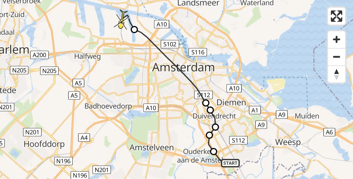 Routekaart van de vlucht: Lifeliner 1 naar Amsterdam Heliport, Hornweg