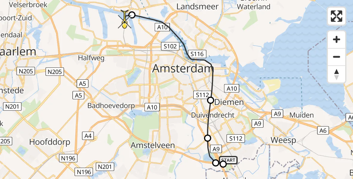 Routekaart van de vlucht: Lifeliner 1 naar Amsterdam Heliport, Ouderkerkerplas