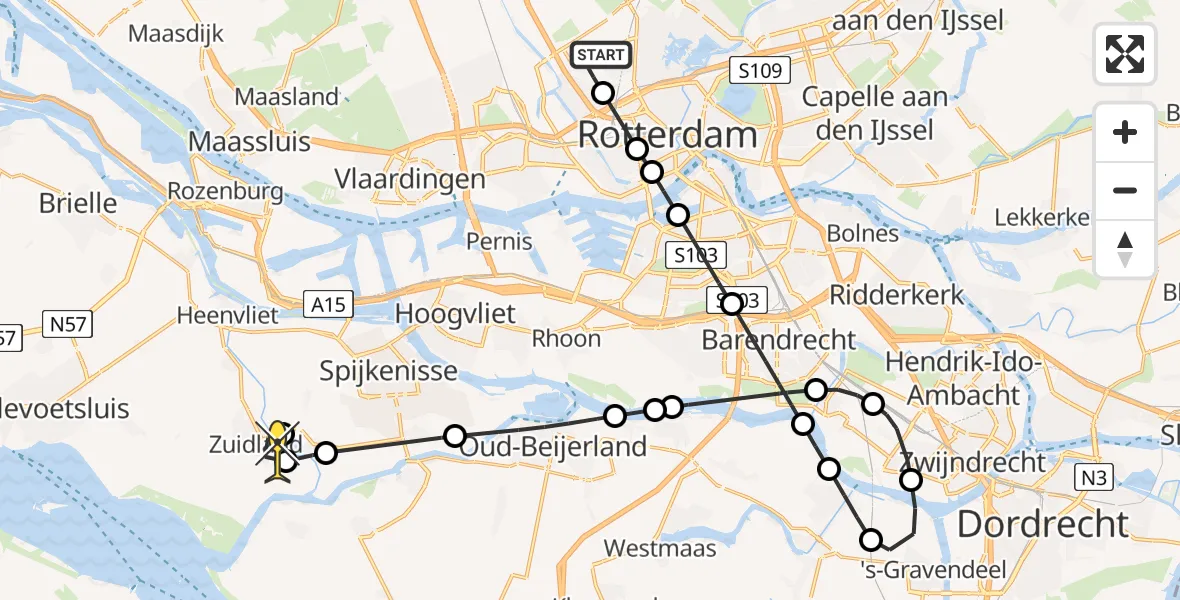 Routekaart van de vlucht: Lifeliner 2 naar Zuidland, Overschiese Kleiweg