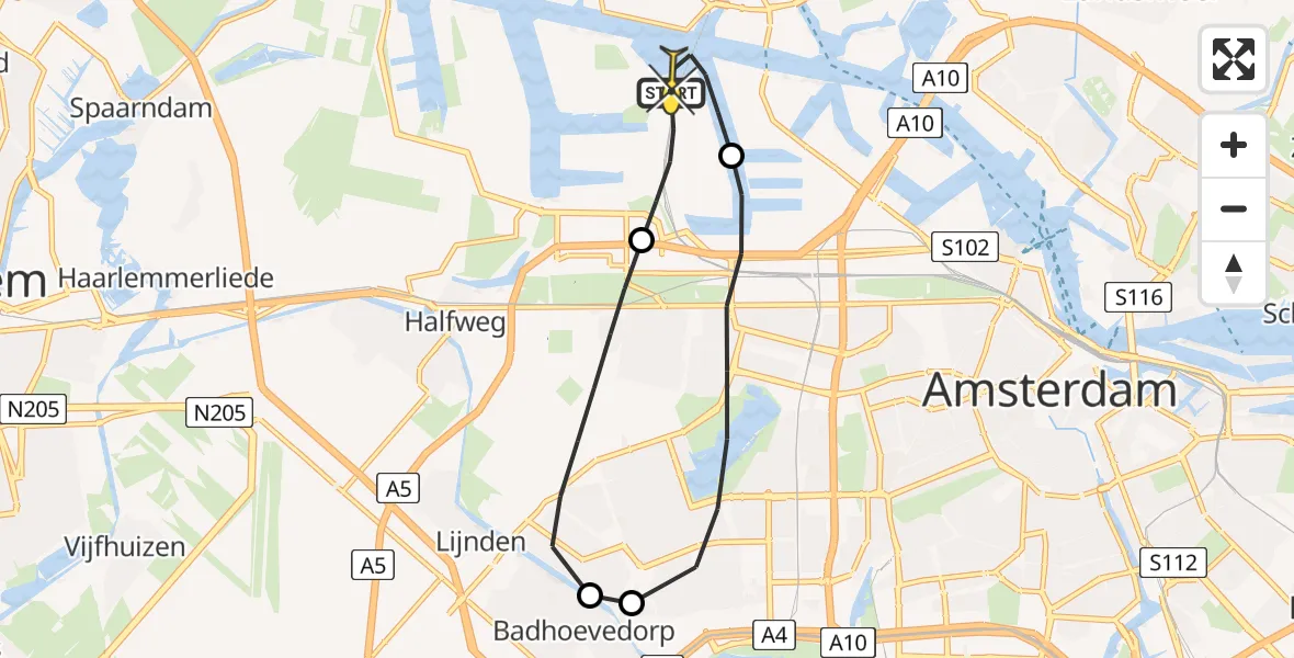 Routekaart van de vlucht: Lifeliner 1 naar Amsterdam Heliport, Maltaweg