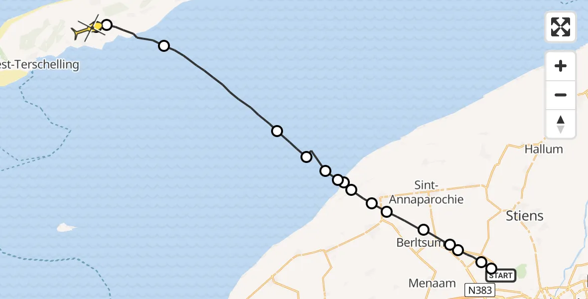 Routekaart van de vlucht: Ambulancehelikopter naar Midsland, Sirtemawei