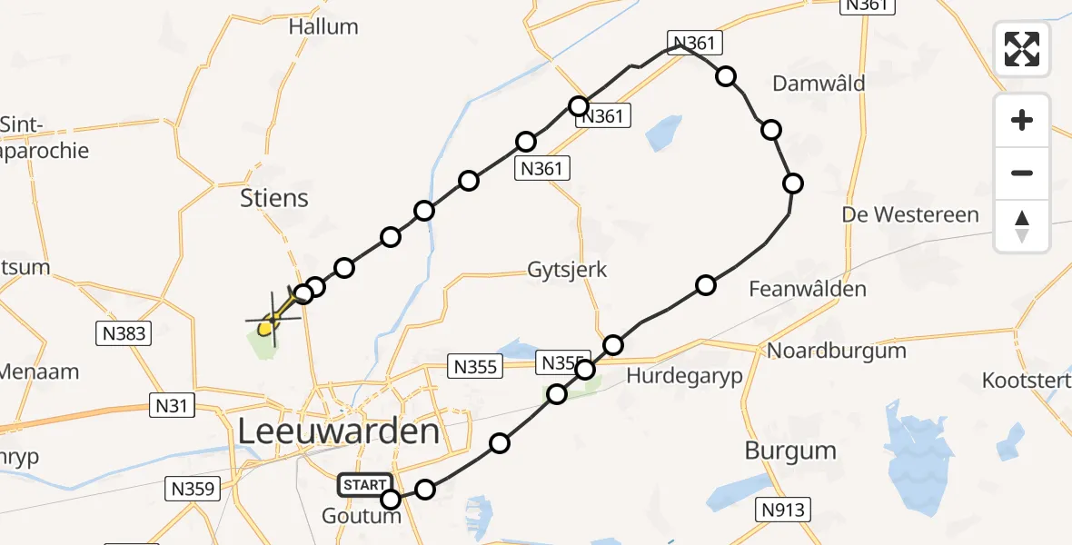 Routekaart van de vlucht: Ambulanceheli naar Vliegbasis Leeuwarden, De Welle