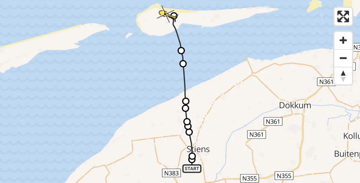 Routekaart van de vlucht: Ambulanceheli naar Ameland Airport Ballum, Nijlânsdyk