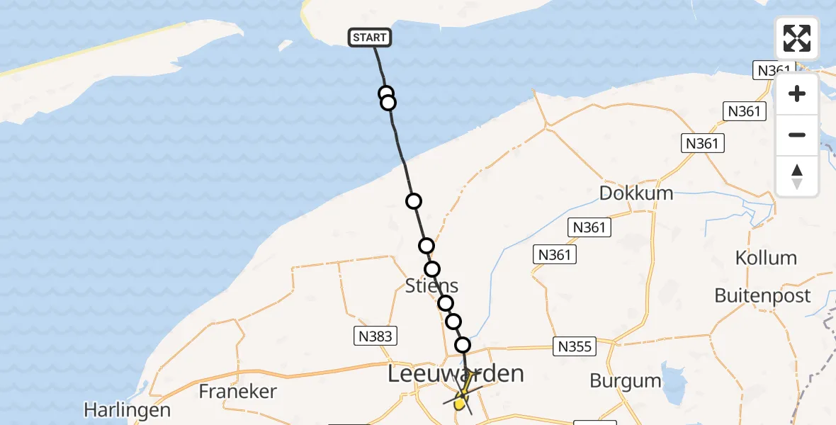 Routekaart van de vlucht: Ambulanceheli naar Leeuwarden, Uitwatering