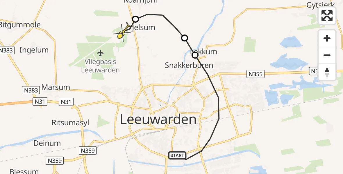 Routekaart van de vlucht: Ambulancehelikopter naar Vliegbasis Leeuwarden, Zenegroen