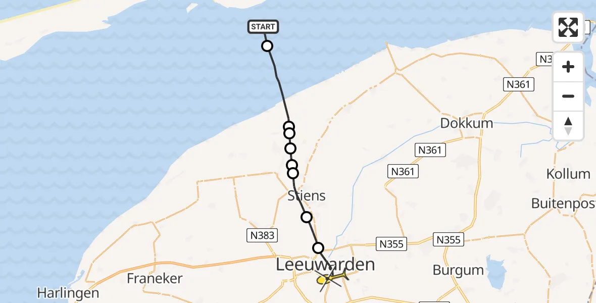 Routekaart van de vlucht: Ambulancehelikopter naar Leeuwarden, Borniastraat