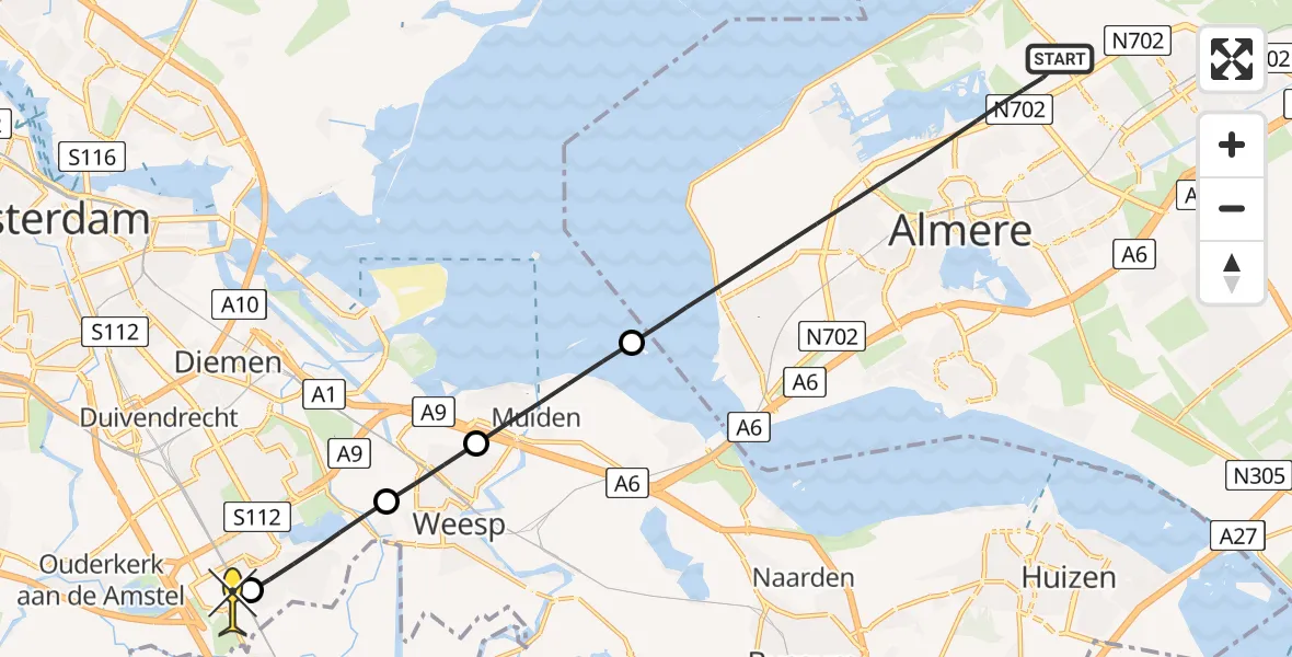 Routekaart van de vlucht: Lifeliner 1 naar Academisch Medisch Centrum (AMC), Vaartsluisweg