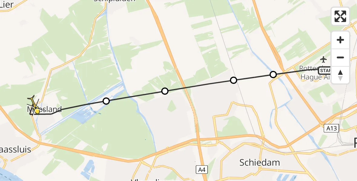 Routekaart van de vlucht: Lifeliner 2 naar Maasland, Delftweg