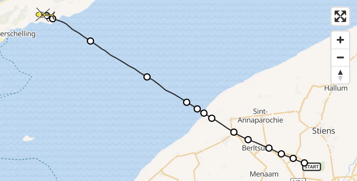Routekaart van de vlucht: Ambulancehelikopter naar Midsland, Da Gronemanstrjitte