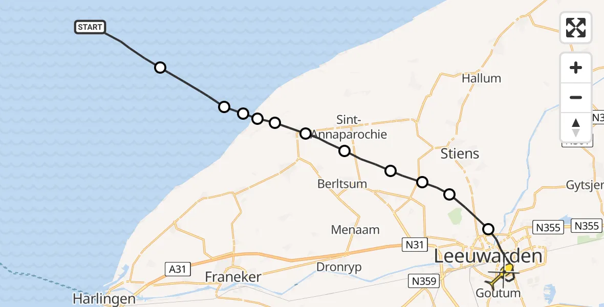 Routekaart van de vlucht: Ambulanceheli naar Leeuwarden, Borniastraat