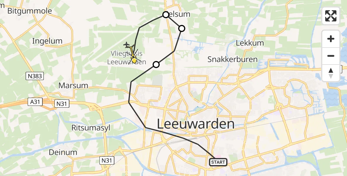 Routekaart van de vlucht: Ambulanceheli naar Vliegbasis Leeuwarden, Snekertrekweg