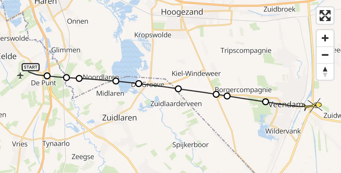 Routekaart van de vlucht: Lifeliner 4 naar Veendam, Burgemeester J.G. Legroweg