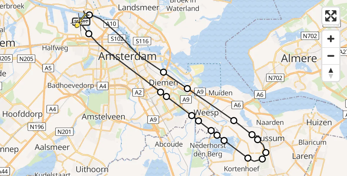 Routekaart van de vlucht: Lifeliner 1 naar Amsterdam Heliport, Corsicaweg