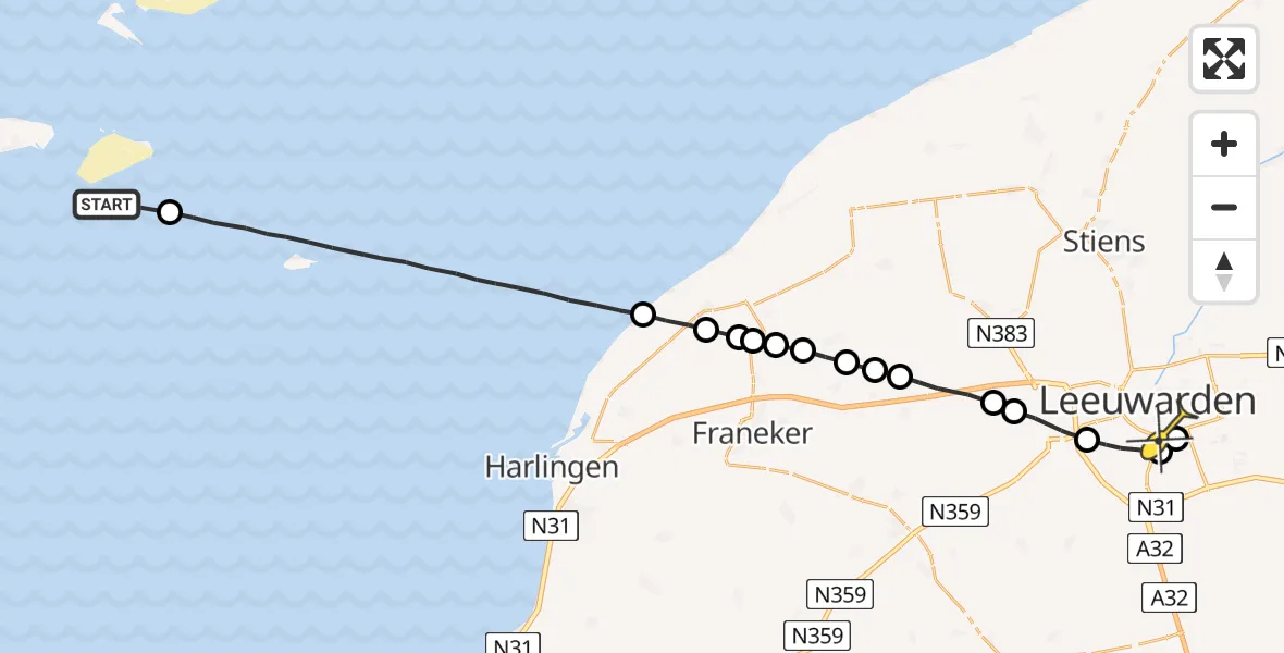 Routekaart van de vlucht: Ambulanceheli naar Leeuwarden, Fransche Gaatje