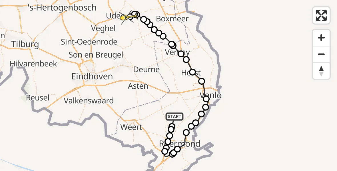 Routekaart van de vlucht: Politieheli naar Vliegbasis Volkel, Peelweg