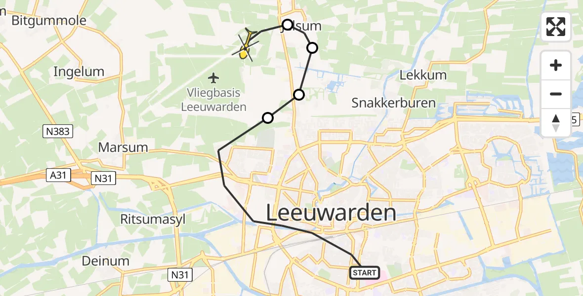 Routekaart van de vlucht: Ambulancehelikopter naar Vliegbasis Leeuwarden, Snekertrekweg