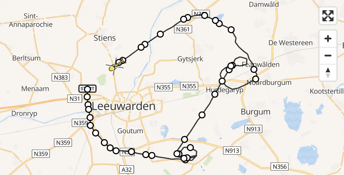 Routekaart van de vlucht: Ambulanceheli naar Jelsum, Oeble-om-wei