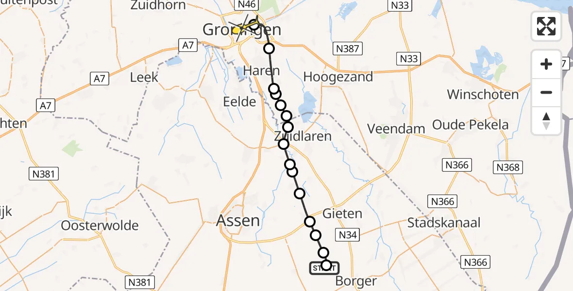 Routekaart van de vlucht: Lifeliner 4 naar Universitair Medisch Centrum Groningen, Drouwenerveld