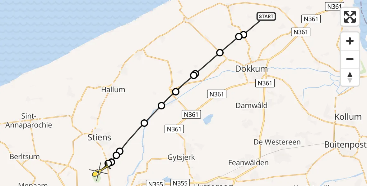 Routekaart van de vlucht: Ambulanceheli naar Vliegbasis Leeuwarden, Dokkumerwei