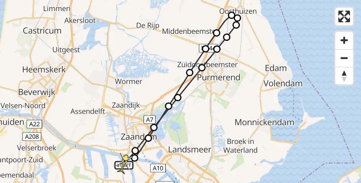 Routekaart van de vlucht: Lifeliner 1 naar Amsterdam Heliport, Belangenvereniging tuinders Zaanderhorn