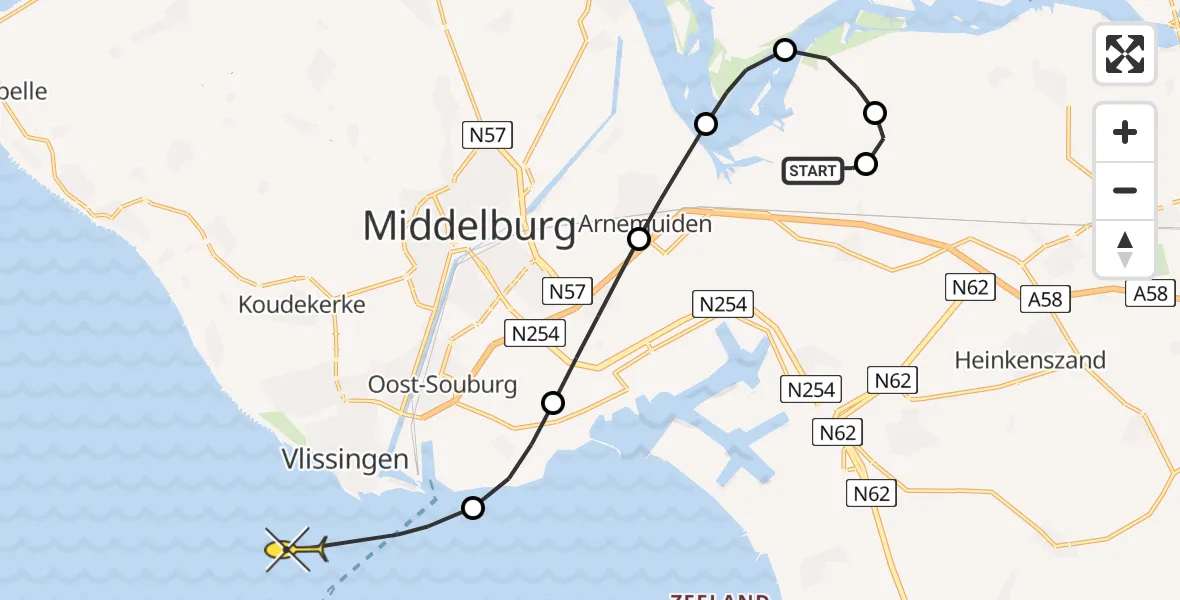 Routekaart van de vlucht: Kustwachthelikopter naar Vlissingen, Meerkoetweg