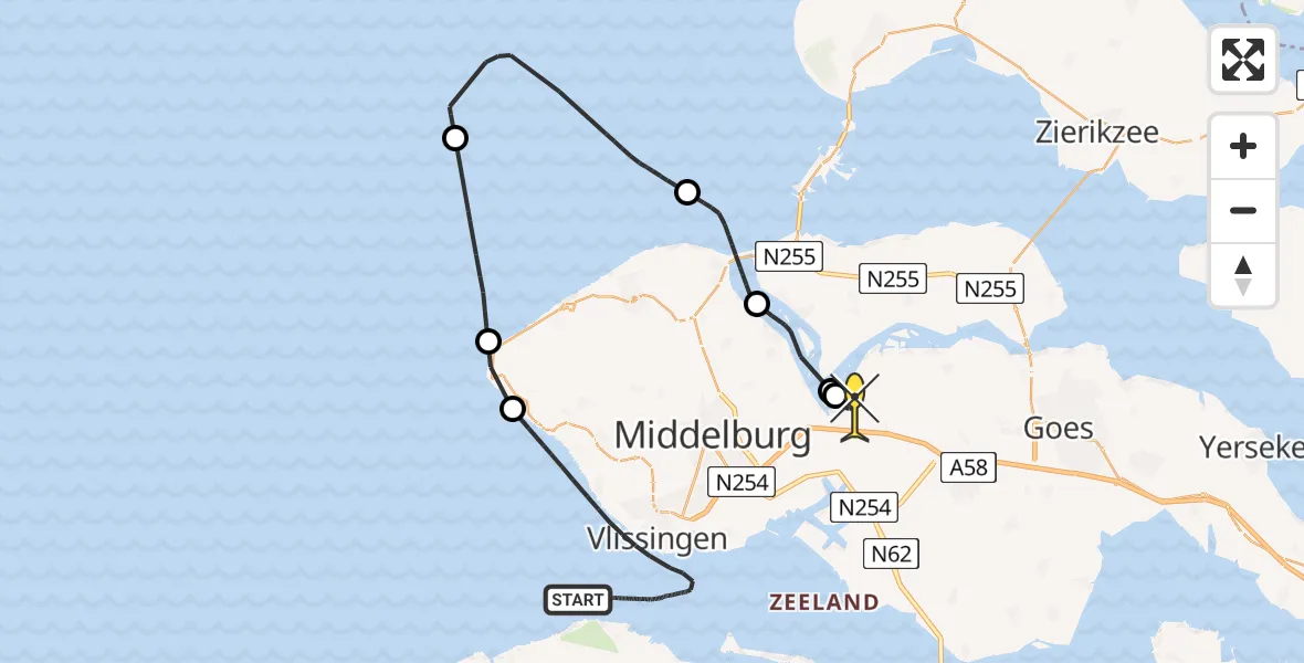 Routekaart van de vlucht: Kustwachthelikopter naar Vliegveld Midden-Zeeland, Calandweg