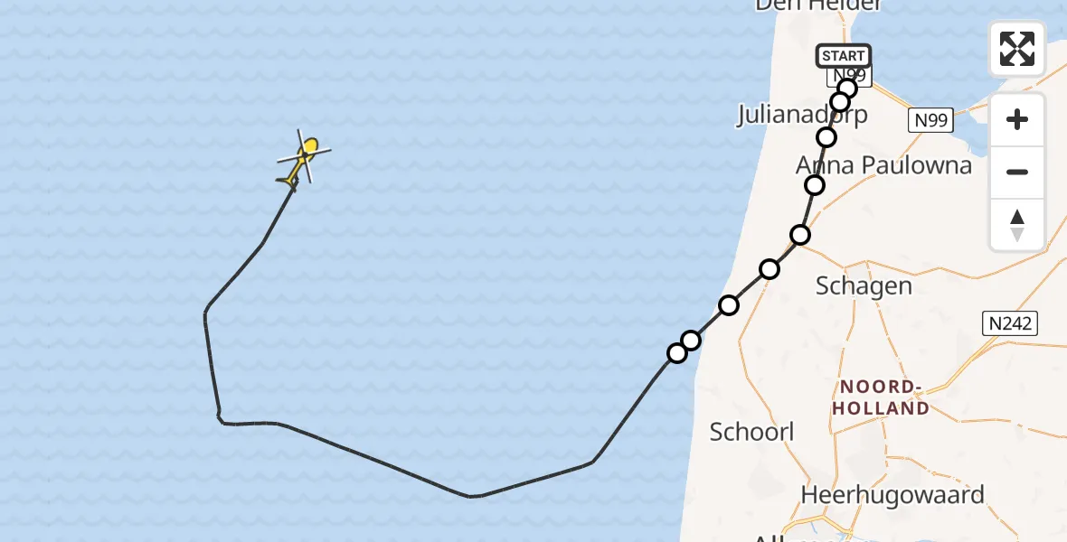 Routekaart van de vlucht: Kustwachthelikopter naar 