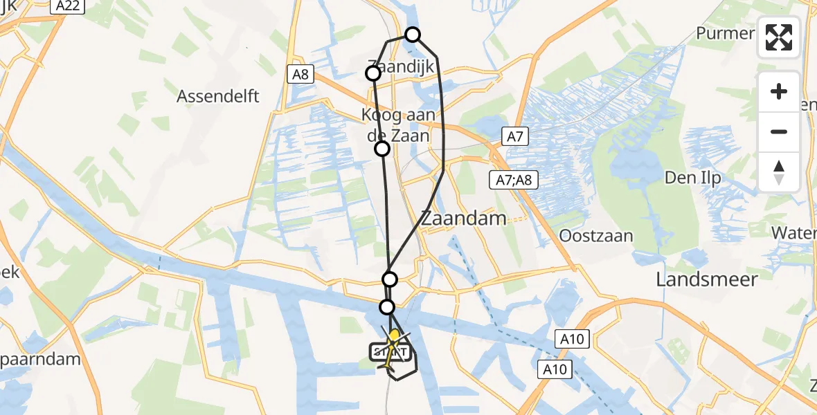 Vluchtroute Traumahelikopter van Amsterdam Heliport naar Amsterdam Heliport