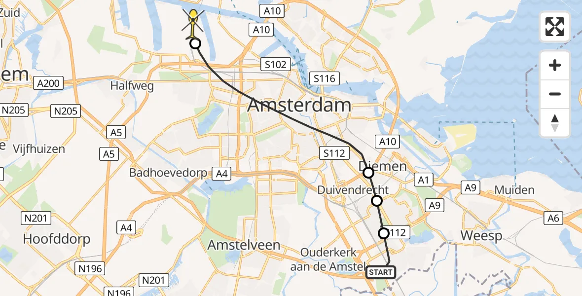 Routekaart van de vlucht: Lifeliner 1 naar Amsterdam Heliport, Maasdrielhof