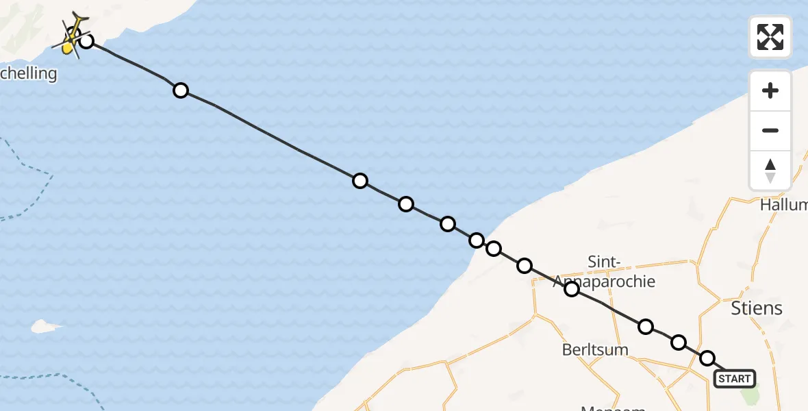 Routekaart van de vlucht: Ambulanceheli naar Baaiduinen, Nijlânsdyk