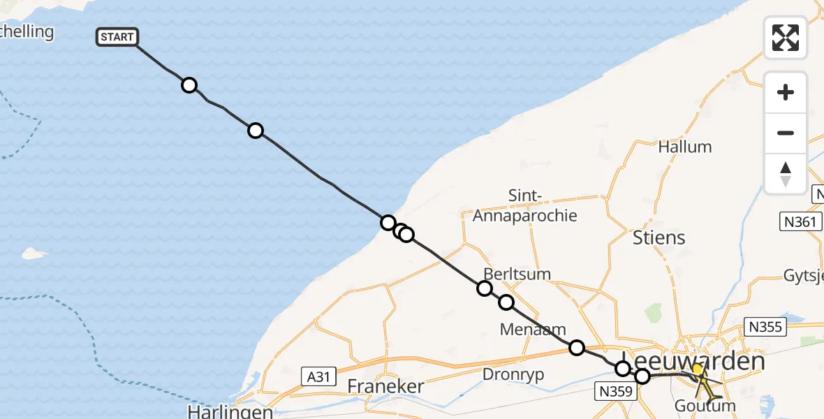 Routekaart van de vlucht: Ambulanceheli naar Leeuwarden, Borniastraat