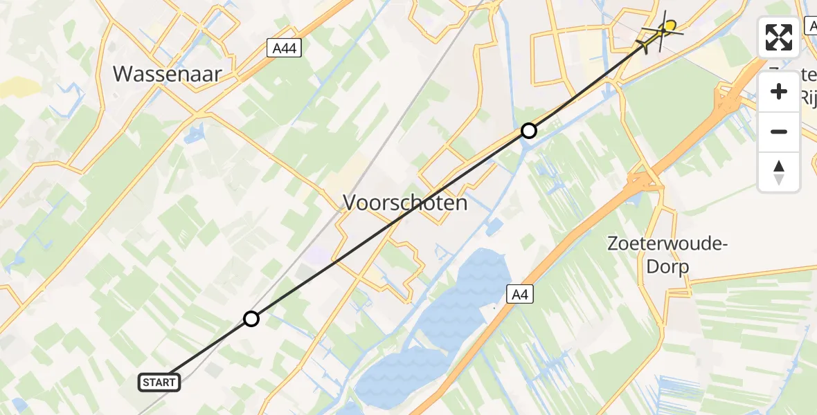 Routekaart van de vlucht: Politieheli naar Leiden, Horst en Voordelaan