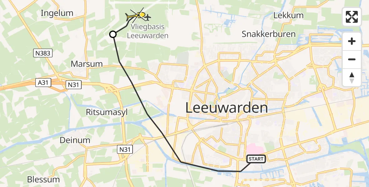 Vluchtroute Ambulancehelikopter van Leeuwarden naar Vliegbasis Leeuwarden