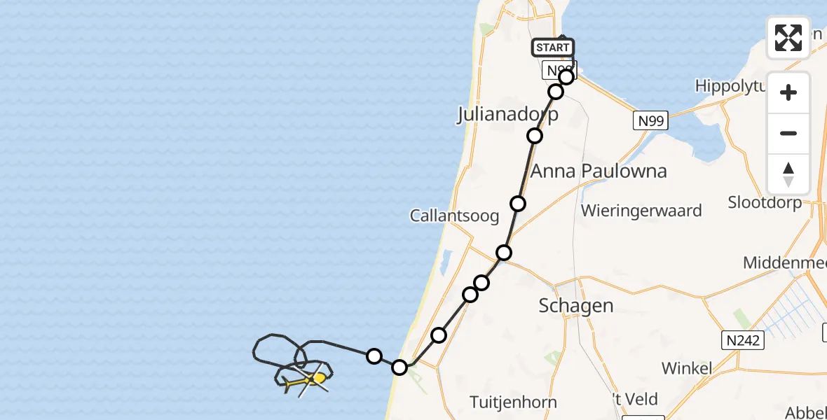 Vluchtroute Kustwachthelikopter van Vliegveld De Kooy naar 
