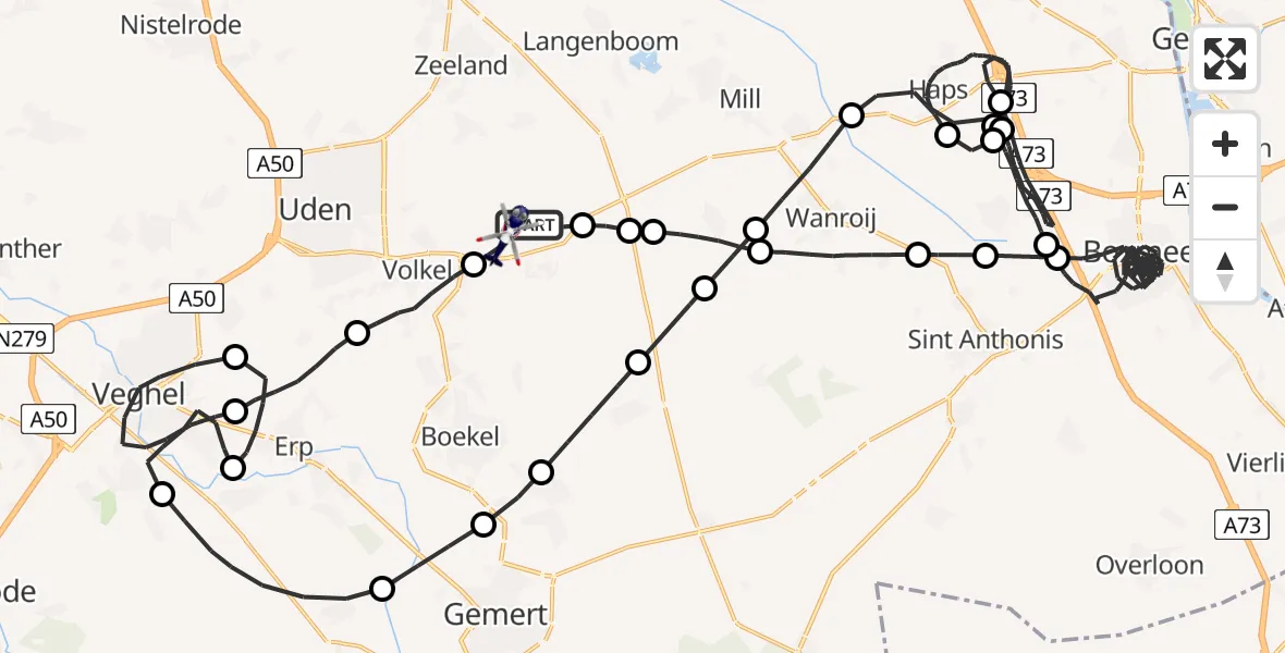 Vluchtroute Politiehelikopter van Vliegbasis Volkel naar Vliegbasis Volkel