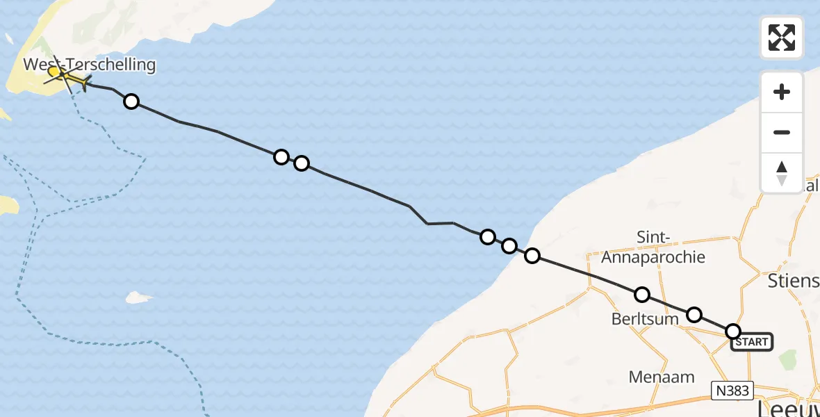 Routekaart van de vlucht: Ambulanceheli naar West-Terschelling, Hemmemawei