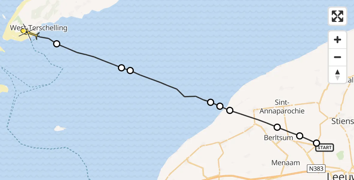 Routekaart van de vlucht: Ambulancehelikopter naar West-Terschelling, Hemmemawei