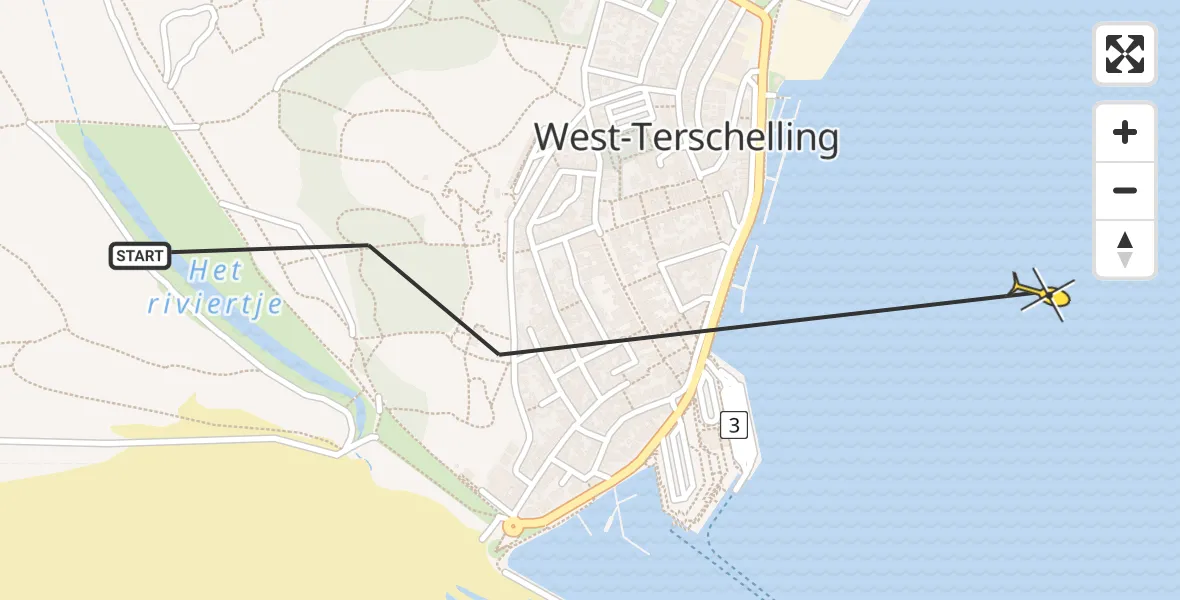 Routekaart van de vlucht: Ambulanceheli naar West-Terschelling, De Plaat