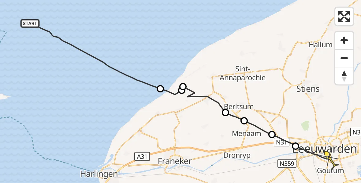 Routekaart van de vlucht: Ambulanceheli naar Leeuwarden, Zuid Meep