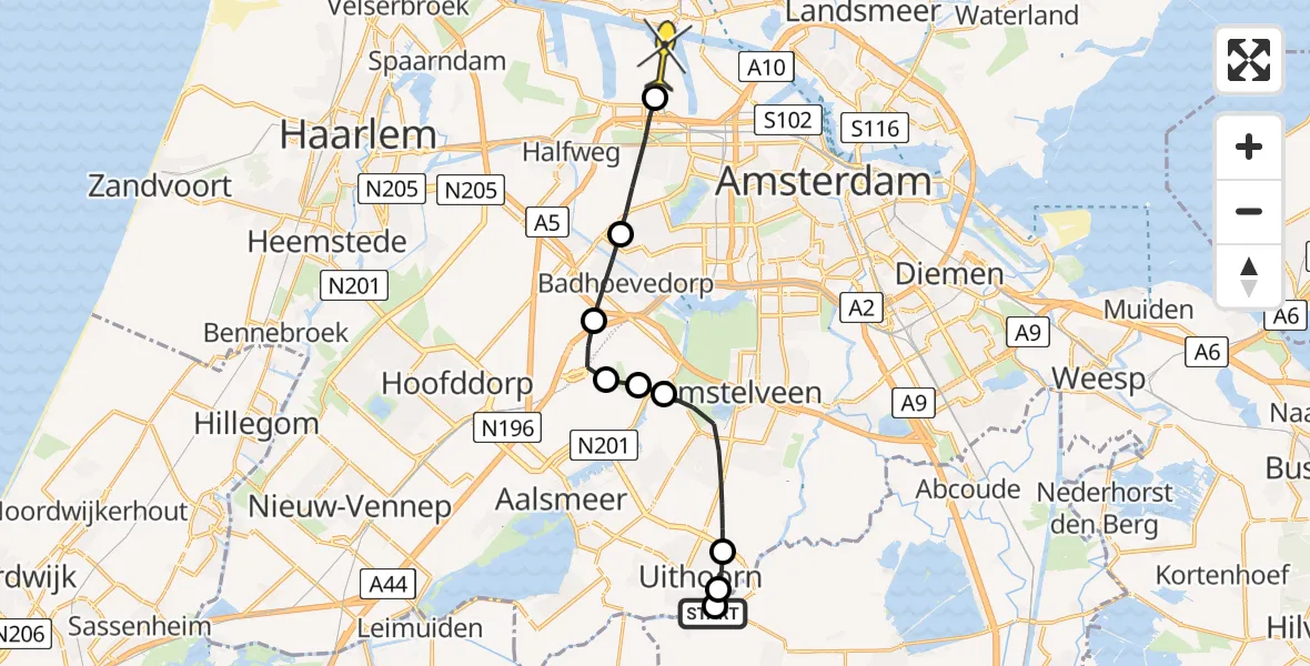 Routekaart van de vlucht: Lifeliner 1 naar Amsterdam Heliport, Smederij