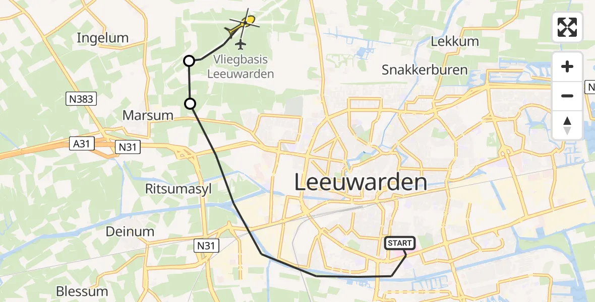 Vluchtroute Ambulancehelikopter van Leeuwarden naar Vliegbasis Leeuwarden