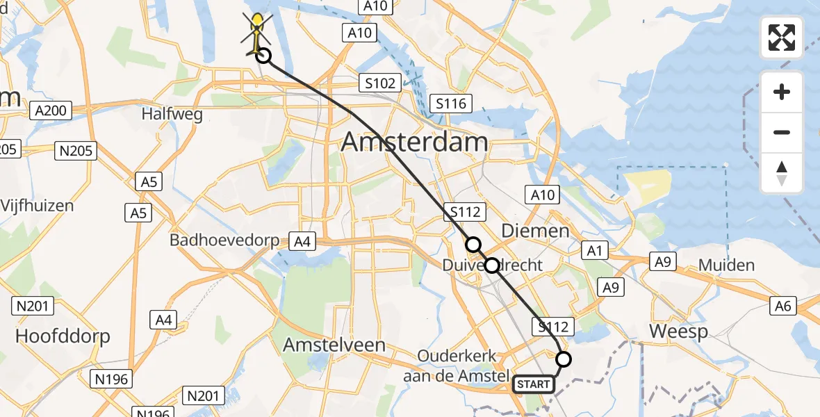 Routekaart van de vlucht: Lifeliner 1 naar Amsterdam Heliport, Ravenswaaipad