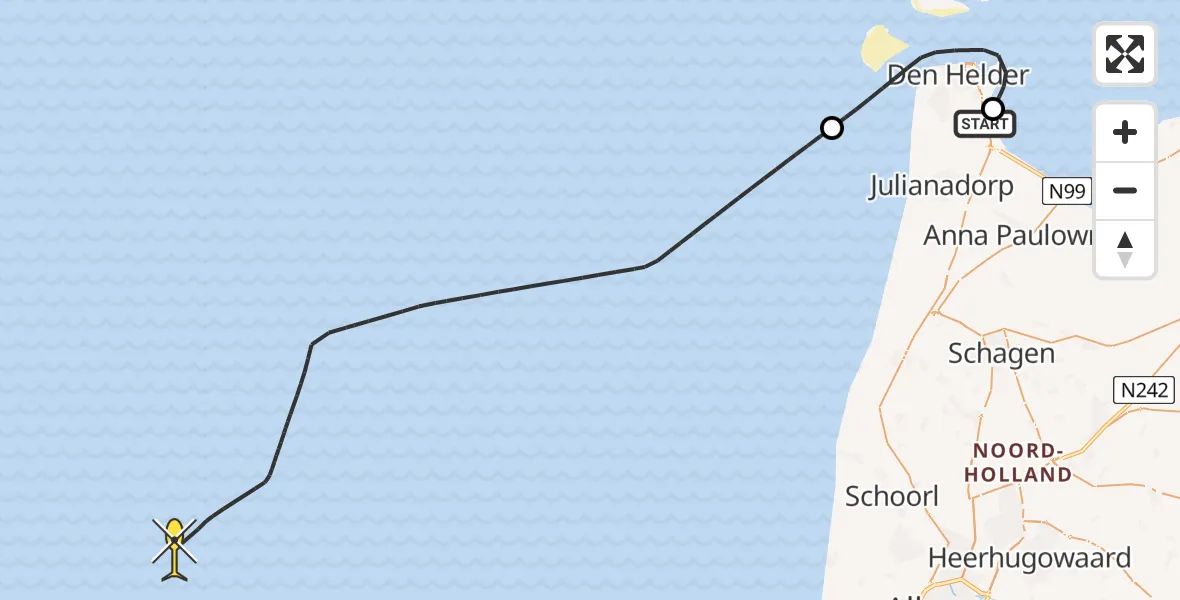 Vluchtroute Kustwachthelikopter van Vliegveld De Kooy naar 