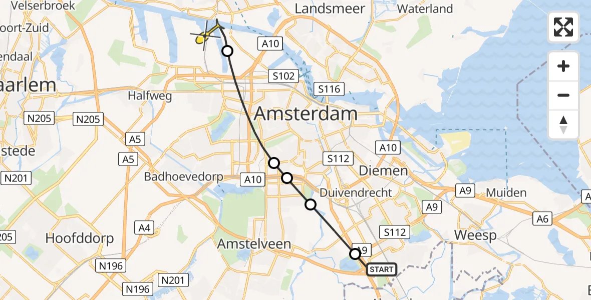 Routekaart van de vlucht: Lifeliner 1 naar Amsterdam Heliport, Capriweg