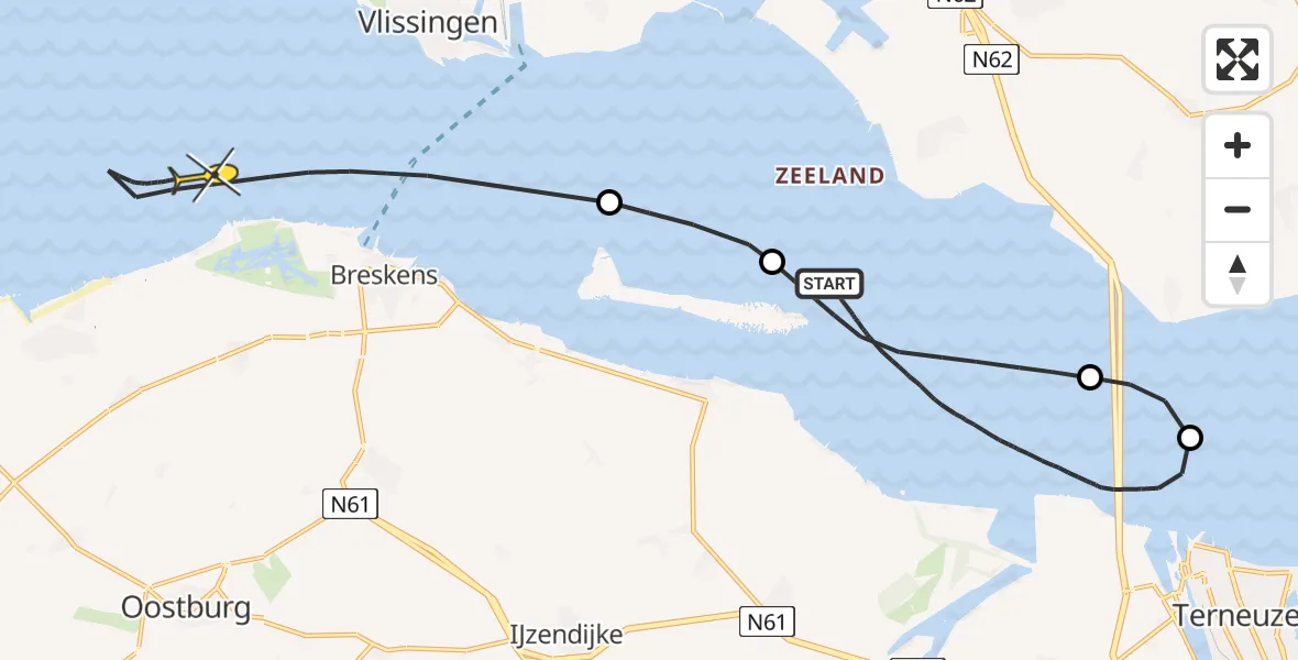 Routekaart van de vlucht: Kustwachthelikopter naar Vlissingen, Westerschelde