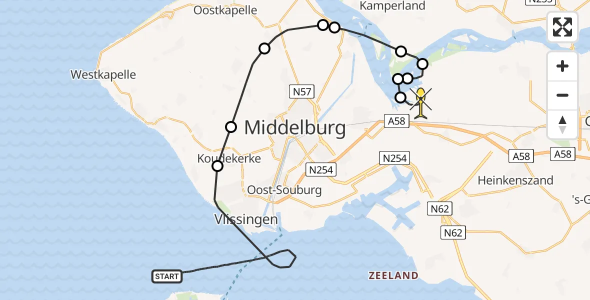 Routekaart van de vlucht: Kustwachthelikopter naar Vliegveld Midden-Zeeland, Westerschelde