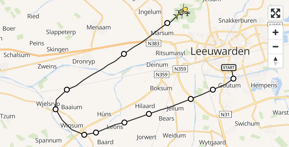 Routekaart van de vlucht: Ambulanceheli naar Vliegbasis Leeuwarden, Brédyk