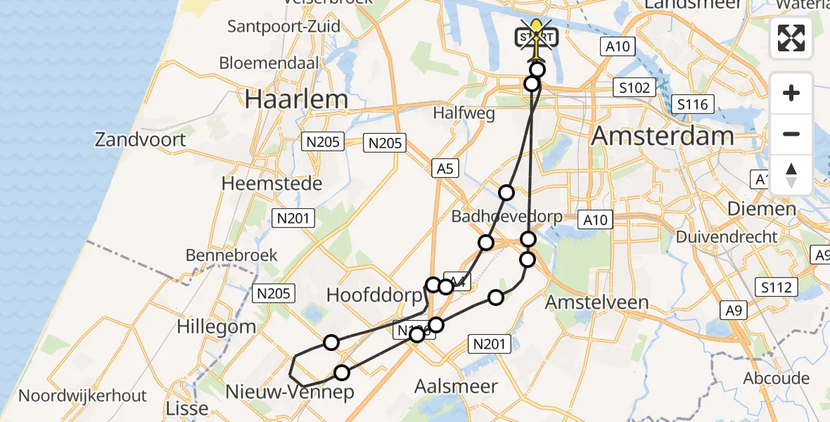 Routekaart van de vlucht: Lifeliner 1 naar Amsterdam Heliport, Nieuw-Zeelandweg