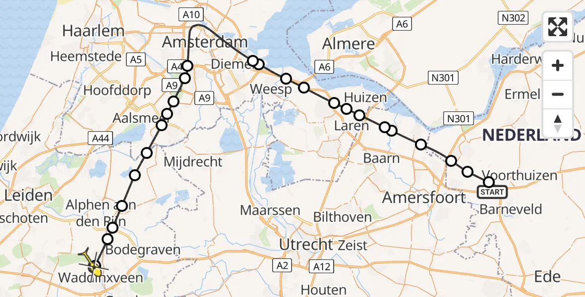 Routekaart van de vlucht: Lifeliner 1 naar Waddinxveen, Zelderseweg