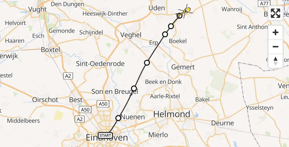 Routekaart van de vlucht: Lifeliner 3 naar Vliegbasis Volkel, De Lampendriessen